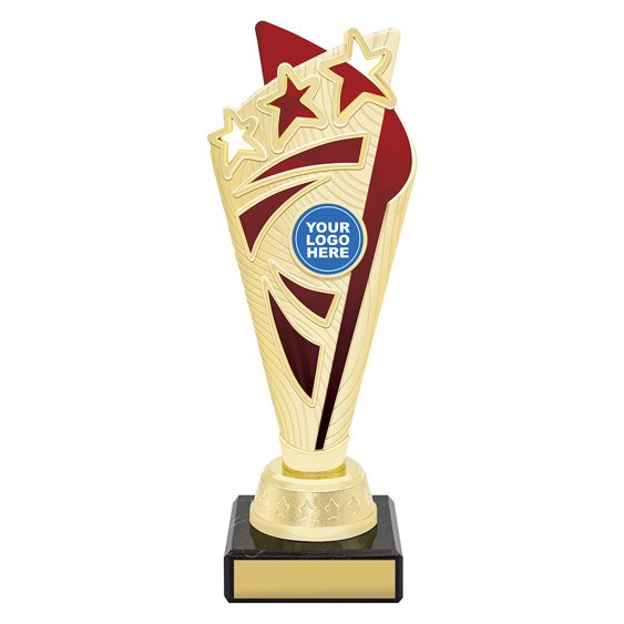 Gold soccer trophy with three stars at top, red panel accents, tall column body, and black base with engraving plate.