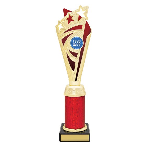Large gold soccer trophy with three stars at top, red panel accents, tall column body, and black base with engraving plate.