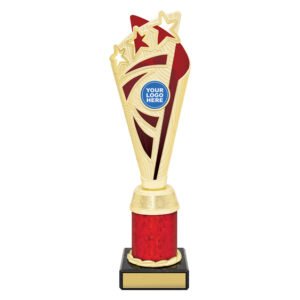 Medium gold soccer trophy with three stars at top, red panel accents, tall column body, and black base with engraving plate.