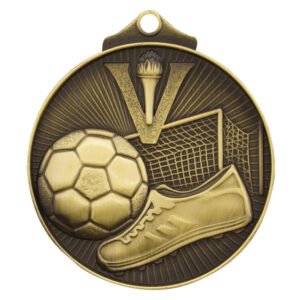 Gold soccer medal with large V, torch, ball, boot, and goal net on radial background.
