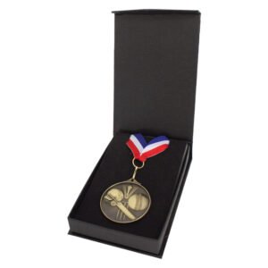 Sports medal with ribbon displayed in black presentation case