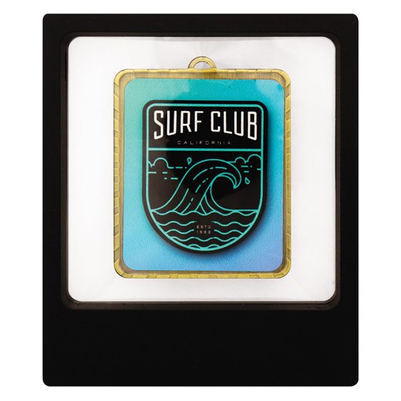 Square black plaque with gold trimmed shield insert featuring surf club wave design and blue background