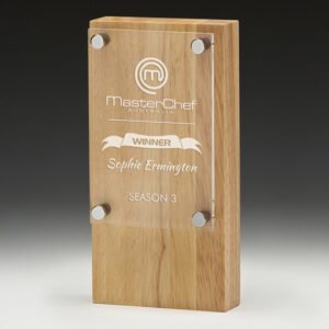 Solid timber corporate awards plaque with clear acrylic panel and engraved winner text secured with metal mounts