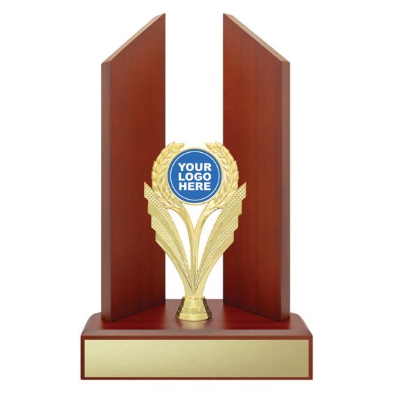 Modern timber panel award with two vertical wood fins framing a central gold laurel motif and logo insert, mounted on a wide wooden base with large gold engraving plate.