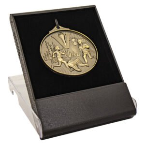 Track and field medal displayed in black presentation case with velvet insert
