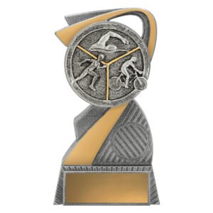Small silver and gold triathlon trophy with swirl design and round emblem showing swim run and cycle
