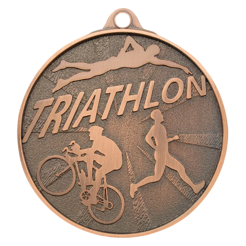 Bronze triathlon medal with swimmer cyclist and runner design and textured background