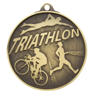 Gold triathlon medal with swimmer cyclist and runner design and textured background
