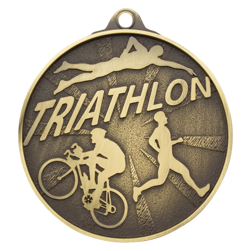 Gold triathlon medal with swimmer cyclist and runner design and textured background