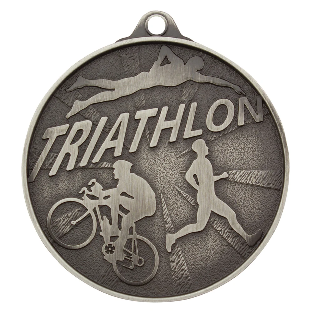 Silver triathlon medal with swimmer cyclist and runner design and textured background