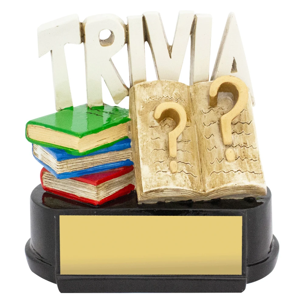 Trivia quiz trophy with stacked books and open book with question marks, mounted on black base with gold engraving plate