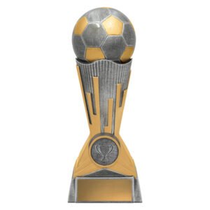 Medium two tone gold and silver soccer ball trophies with textured column and solid base