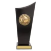 Large black curved panel volleyball trophy with gold emblem and engraving plate