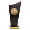 Medium black curved panel volleyball trophy with gold emblem and engraving plate