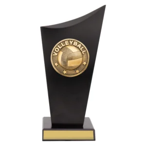 Small black curved panel volleyball trophy with gold emblem and engraving plate