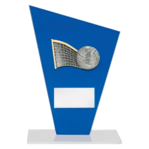 Volleyball blue glass award with angled panel, ball and net design, and engraving plate