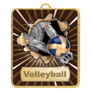 Volleyball medal with player breaking through wall and ball design with Volleyball text