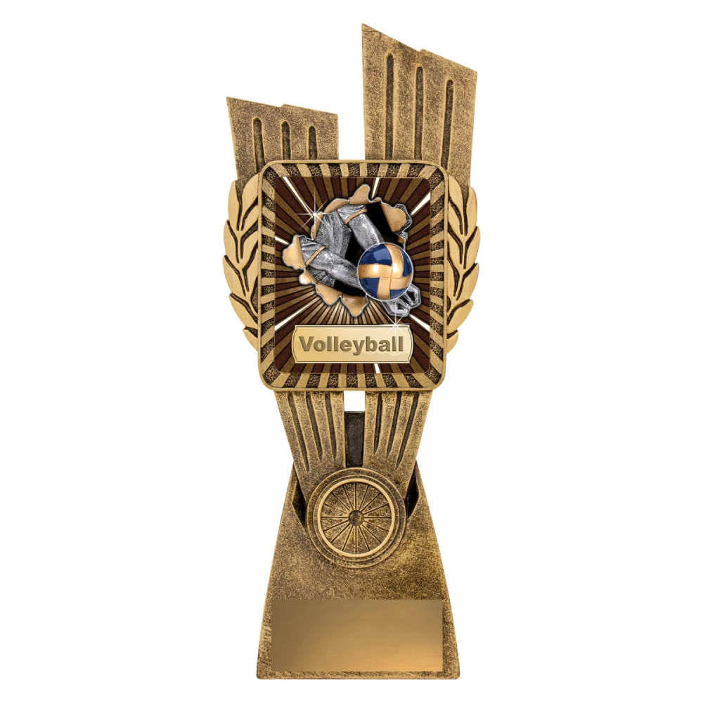 extra large volleyball resin trophy with burst panel design showing hands setting ball and laurel sides on antique gold base with engraving plate