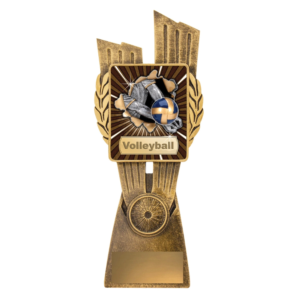 Large volleyball resin trophy with burst panel design showing hands setting ball and laurel sides on antique gold base with engraving plate