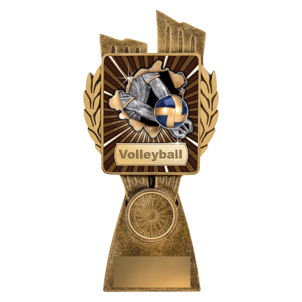 Medium volleyball resin trophy with burst panel design showing hands setting ball and laurel sides on antique gold base with engraving plate