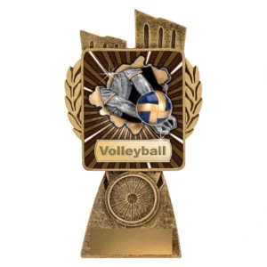Small volleyball resin trophy with burst panel design showing hands setting ball and laurel sides on antique gold base with engraving plate