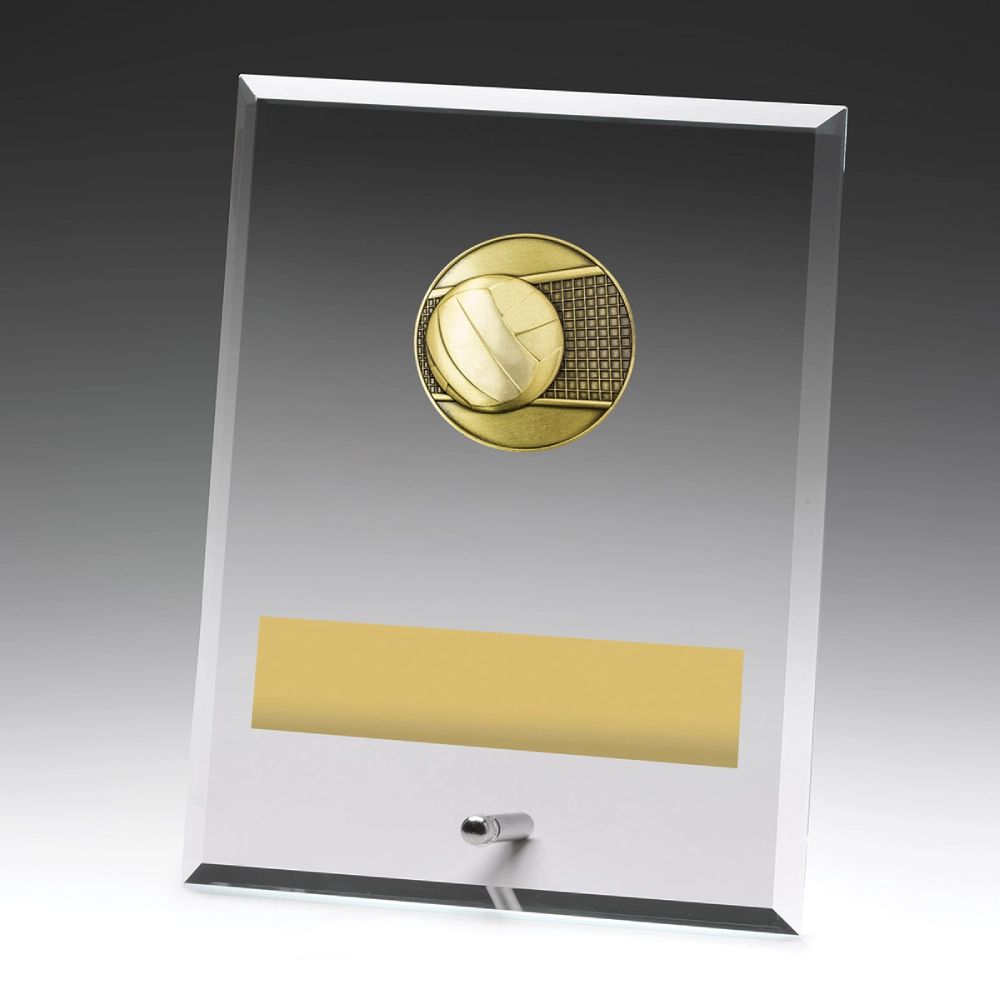 Large volleyball clear glass award with rectangular panel, ball and net insert, metal pin stand, and engraving plate