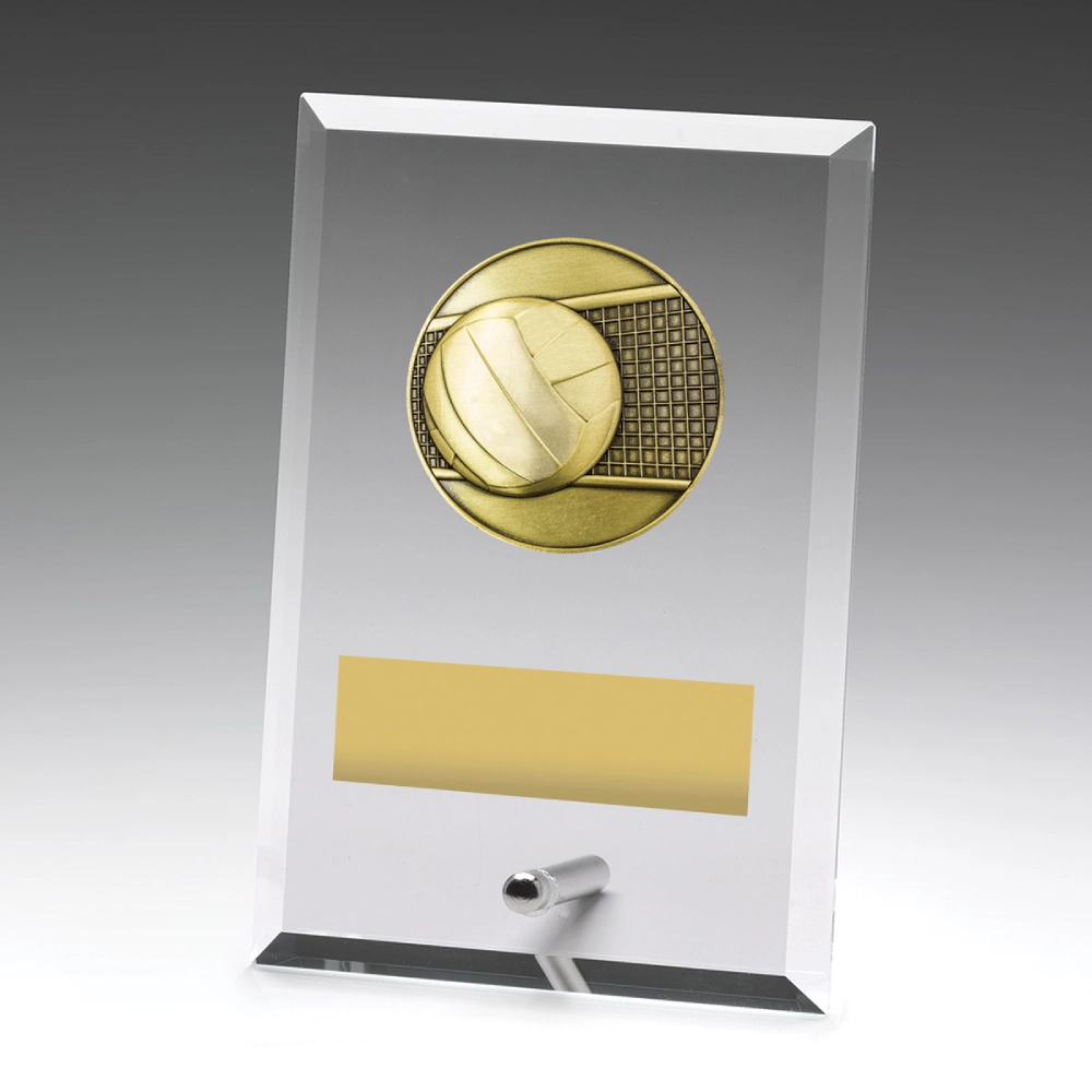 Small volleyball clear glass award with rectangular panel, ball and net insert, metal pin stand, and engraving plate