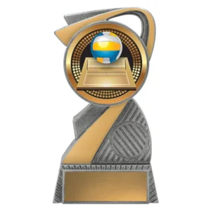 Small volleyball trophy with ball and court design in silver and gold with blank engraving plate