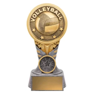 Small volleyball trophy with gold volleyball emblem, star details, and blank engraving plate