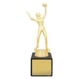 Small gold volleyball trophy with female player serving pose on black base