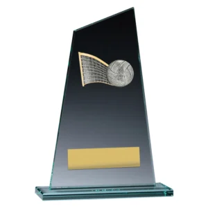 Volleyball glass award with angled panel, ball and net design, and engraving plate on base