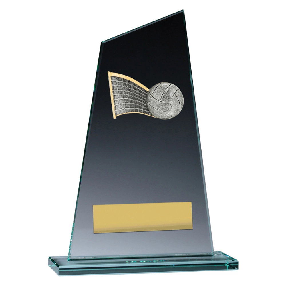 Volleyball glass award with angled panel, ball and net design, and engraving plate on base