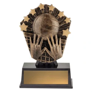 Volleyball trophy with hands blocking ball and star detail on base with engraving plate