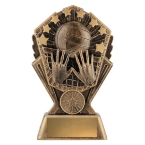 Small volleyball trophy with hands setting ball, star details, and blank engraving plate