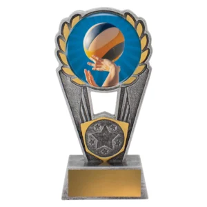 Small volleyball resin trophy with laurel wreath design and circular insert showing hands setting ball on silver and gold base with engraving plate