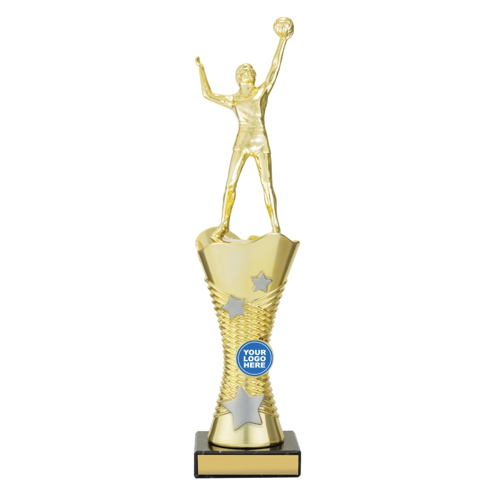 Large gold volleyball player trophy on cup style base with star details and engraving plate