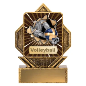 Gold resin volleyball trophy with hexagon frame and player hitting ball action design with Volleyball text and engraving plate