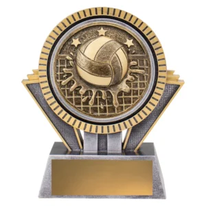 Small volleyball resin trophy with round emblem, ball and net splash design, star detail, and engraving plate