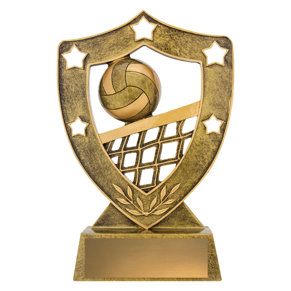 Large volleyball shield trophy with ball and net design and blank engraving plate
