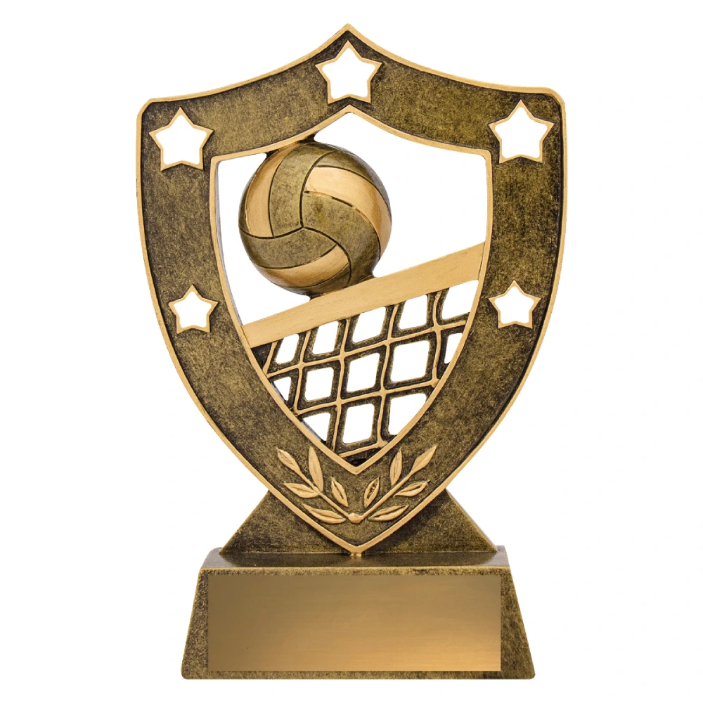 Medium volleyball shield trophy with ball and net design and blank engraving plate