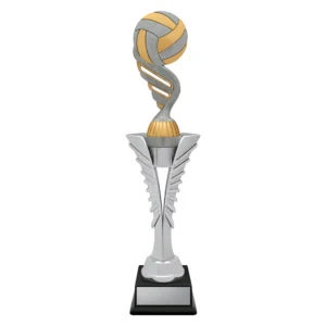 Small silver and gold volleyball trophy with spiral column and ball top design