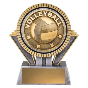 small volleyball resin trophy with gold ball emblem and silver base design with engraving plate