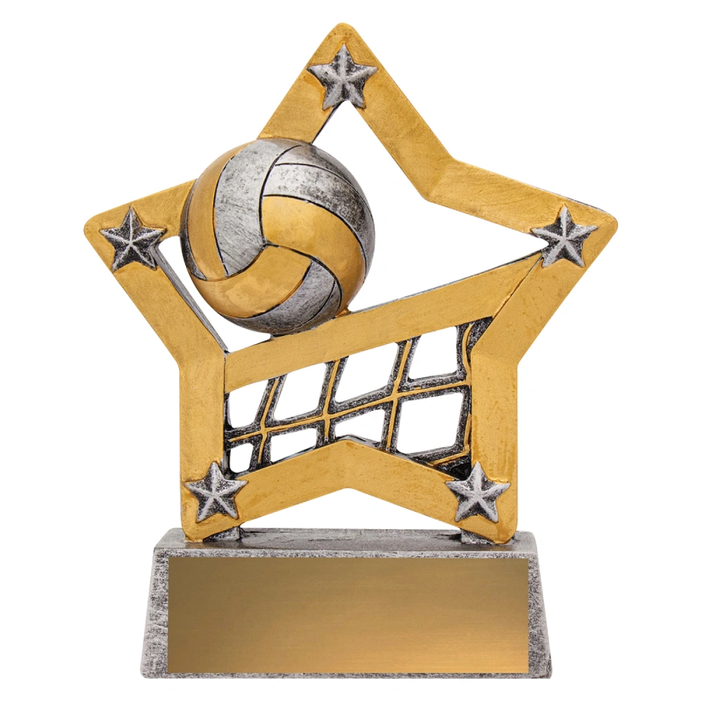Volleyball star frame trophy with ball and net design on base with engraving plate