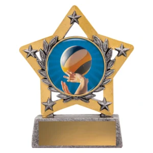 Volleyball trophy with star frame and player hand hitting ball centre insert on base with engraving plate