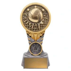 Small volleyball tall resin trophy with star column design, round ball and net emblem, and engraving plate