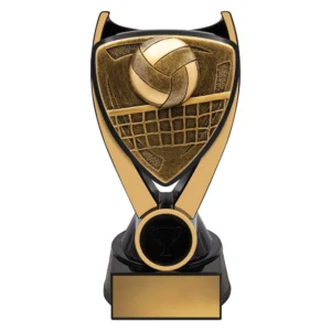 Small black and gold volleyball trophy with shield design and net detail