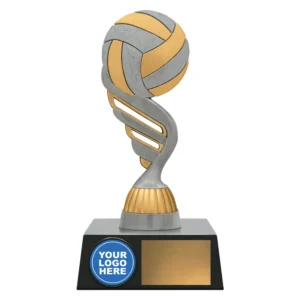 Small volleyball trophy with modern swirl design and volleyball on top with black base and engraving plate