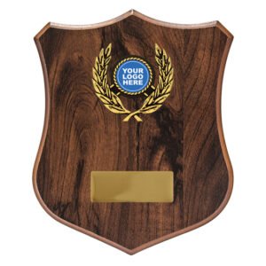 Small walnut finish shield plaque with gold laurel logo insert and engraving plate, ideal for club, school or corporate recognition awards.