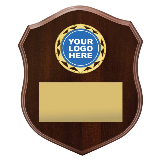 Large walnut finish shield plaque with gold star logo insert and large engraving plate, suitable for perpetual awards and achievement recognition.