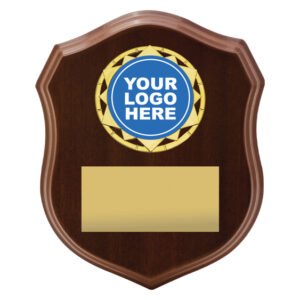 Small walnut finish shield plaque with gold star logo insert and large engraving plate, suitable for perpetual awards and achievement recognition.